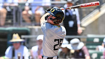 Jun 8, 2024; College Station, TX, USA; Oregon outfielder Mason Neville (26) at bat during the first inning against the Texas A&M at Olsen Field, Blue Bell Park Mandatory Credit: Maria Lysaker-Imagn Images