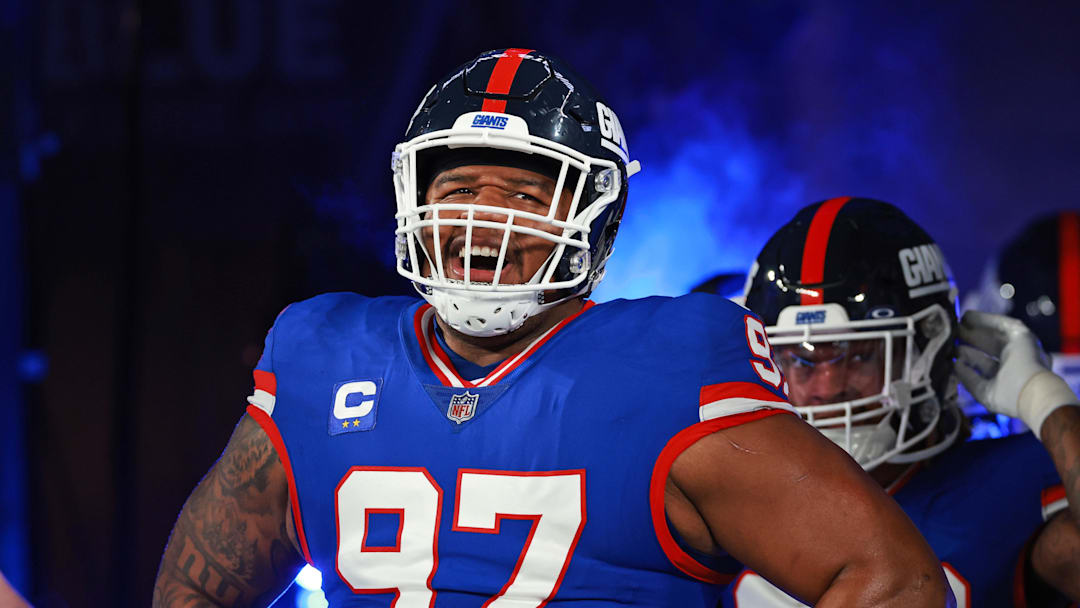 Dec 11, 2023; East Rutherford, New Jersey, USA; New York Giants defensive tackle Dexter Lawrence II (97) looks on before the game against the Green Bay Packers at MetLife Stadium. Mandatory Credit: Vincent Carchietta-Imagn Images