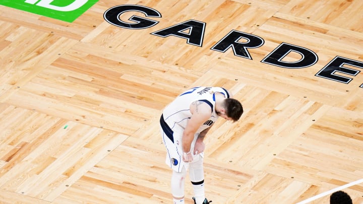 Jun 17, 2024; Boston, Massachusetts, USA; Dallas Mavericks guard Luka Doncic (77) reacts in the fourth quarter against the Boston Celtics during game five of the 2024 NBA Finals at TD Garden. Mandatory Credit: David Butler II-USA TODAY Sports