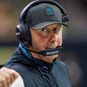 Aug 17, 2025; New Orleans, Louisiana, USA;  Jacksonville Jaguars head coach Liam Coen looks on against the New Orleans Saints during the first half at Caesars Superdome. Mandatory Credit: Stephen Lew-Imagn Images