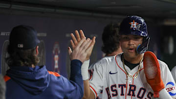 Jun 11, 2025; Houston, Texas, USA; Houston Astros right fielder Cam Smith (11) celebrates his run agains the Chicago White Sox in the fourth inning at Daikin Park. Mandatory Credit: Thomas Shea-Imagn Images