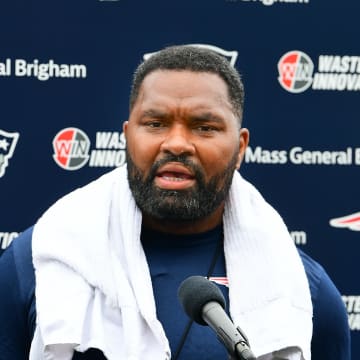 Jul 24, 2024; Foxborough, MA, USA;  New England Patriots head coach Jerod Mayo holds a press conference before training camp at Gillette Stadium. Mandatory Credit: Eric Canha-USA TODAY Sports