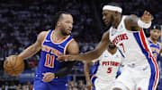 Apr 24, 2025; Detroit, Michigan, USA; New York Knicks guard Jalen Brunson (11) dribbles defended by Detroit Pistons forward Paul Reed (7) in the first half during game three of first round for the 2024 NBA Playoffs at Little Caesars Arena. Mandatory Credit: Rick Osentoski-Imagn Images