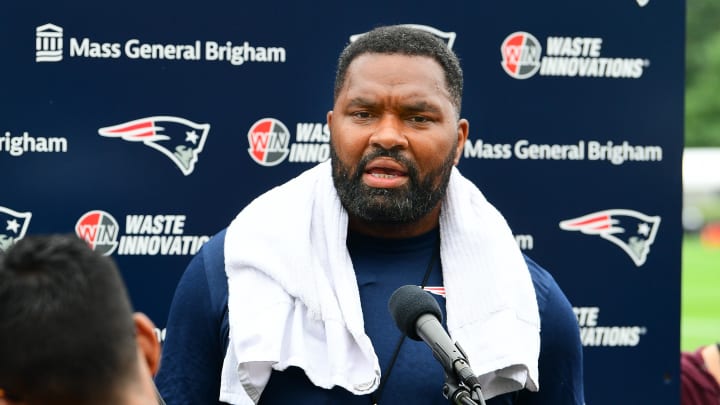 Jul 24, 2024; Foxborough, MA, USA;  New England Patriots head coach Jerod Mayo holds a press conference before training camp at Gillette Stadium. Mandatory Credit: Eric Canha-USA TODAY Sports