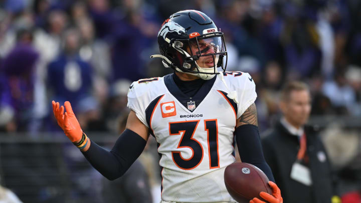Dec 4, 2022; Baltimore, Maryland, USA; Denver Broncos safety Justin Simmons (31) after intercepting Dec 4, 2022; Baltimore, Maryland, USA; Denver Broncos safety Justin Simmons (31) after intercepting