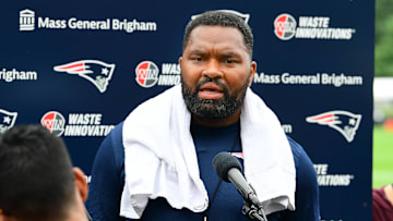 Jul 24, 2024; Foxborough, MA, USA;  New England Patriots head coach Jerod Mayo holds a press conference before training camp at Gillette Stadium. 