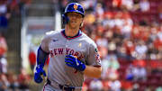Sep 7, 2025; Cincinnati, Ohio, USA; New York Mets third baseman Brett Baty (7) runs the bases after hitting a solo home run in the third inning against the Cincinnati Reds at Great American Ball Park. Mandatory Credit: Katie Stratman-Imagn Images
