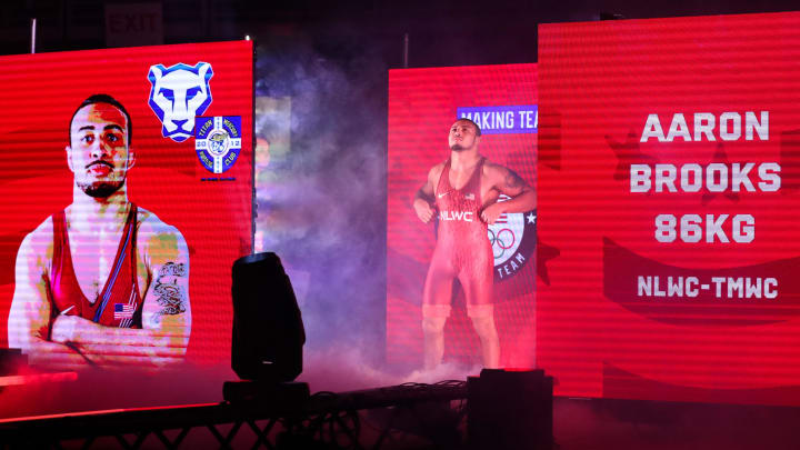 Aaron Brooks is introduced prior to the 86 kg freestyle final at the 2024 U.S. Olympic Wrestling Trials in State College. 