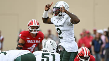 Oct 18, 2025; Bloomington, Indiana, USA; Michigan State Spartans quarterback Aidan Chiles (2) calls a play during the first half against the Indiana Hoosiers at Memorial Stadium. Mandatory Credit: Robert Goddin-Imagn Images