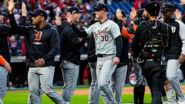 Detroit Tigers outfielder Kerry Carpenter (30) high-fives teammates after 3-0 win over Cleveland Guardians in Game 2 of ALDS at Progressive Field in Cleveland, Ohio on Monday, Oct. 7, 2024.