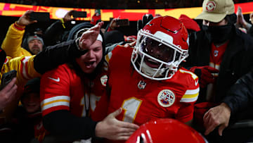 Jan 26, 2025; Kansas City, MO, USA; Kansas City Chiefs wide receiver Xavier Worthy (1) reacts with fans after a touchdown against the Buffalo Bills during the first half in the AFC Championship game at GEHA Field at Arrowhead Stadium. Mandatory Credit: Mark J. Rebilas-Imagn Images