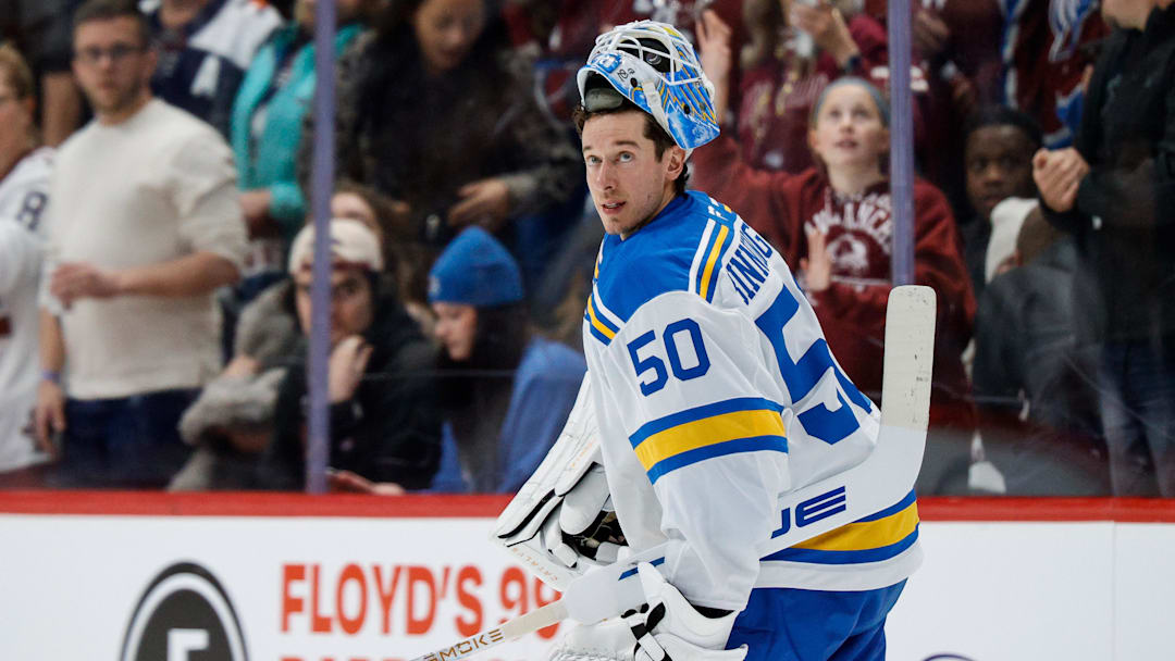 Dec 31, 2025; Denver, Colorado, USA; St. Louis Blues goaltender Jordan Binnington (50) skates to the net after a timeout in the first period against the Colorado Avalanche at Ball Arena. Mandatory Credit: Isaiah J. Downing-Imagn Images