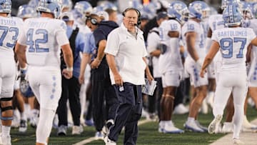 Sep 6, 2025; Charlotte, North Carolina, USA;  North Carolina Tar Heels head coach Bill Belichick during the first quarter against the Charlotte 49ers at Jerry Richardson Stadium. Mandatory Credit: Jim Dedmon-Imagn Images