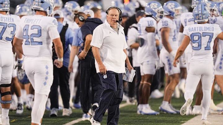 Sep 6, 2025; Charlotte, North Carolina, USA;  North Carolina Tar Heels head coach Bill Belichick during the first quarter against the Charlotte 49ers at Jerry Richardson Stadium. Mandatory Credit: Jim Dedmon-Imagn Images