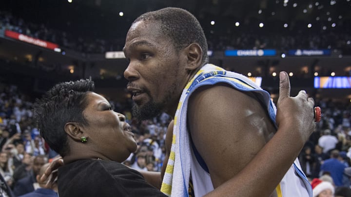 December 25, 2017; Oakland, CA, USA; Golden State Warriors forward Kevin Durant (35) hugs mother Wanda Durant (left) after the game against the Cleveland Cavaliers at Oracle Arena. The Warriors defeated the Cavaliers 99-92. Mandatory Credit: Kyle Terada-Imagn Images December 25, 2017; Oakland, CA, USA; Golden State Warriors forward Kevin Durant (35) hugs mother Wanda Durant (left) after the game against the Cleveland Cavaliers at Oracle Arena. The Warriors defeated the Cavaliers 99-92. Mandatory Credit: Kyle Terada-Imagn Images