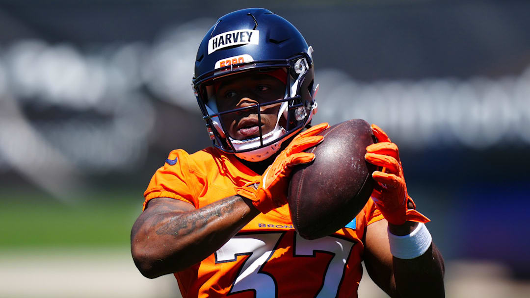 May 10, 2025; Englewood, CO, USA; Denver Broncos running back RJ Harvey (37) during rookie minicamp at Broncos Park Powered by CommonSpirit. Mandatory Credit: Ron Chenoy-Imagn Images