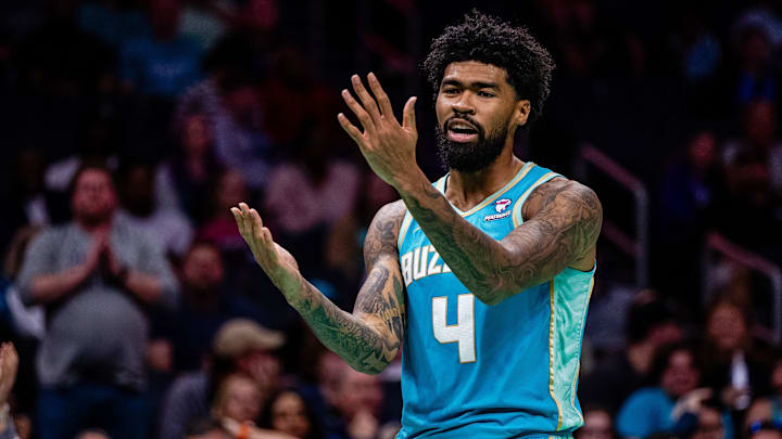 Apr 7, 2024; Charlotte, North Carolina, USA; Charlotte Hornets center Nick Richards (4) reacts to the call during the third quarter against the Oklahoma City Thunder at Spectrum Center. Mandatory Credit: Scott Kinser-USA TODAY Sports