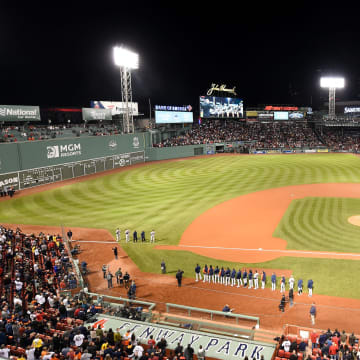 Oct 19, 2021; Boston, Massachusetts, USA; A general view of Fenway Park during the National Anthem before game four of the 2021 ALCS between the Houston Astros and the Boston Red Sox. Mandatory Credit: Bob DeChiara-USA TODAY Sports