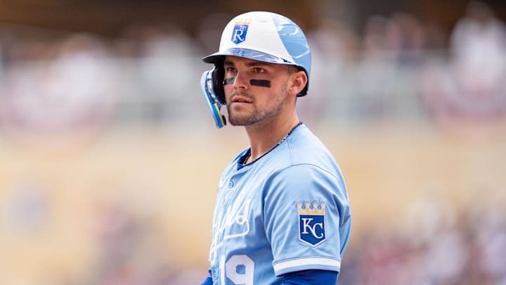 May 24, 2025; Minneapolis, Minnesota, USA; The third base umpire calls Kansas City Royals left fielder Michael Massey (19) out for swinging on a ball pitched by Minnesota Twins starting pitcher Zebby Matthews (52, not shown) in the second inning at Target Field. Mandatory Credit: Matt Blewett-Imagn Images