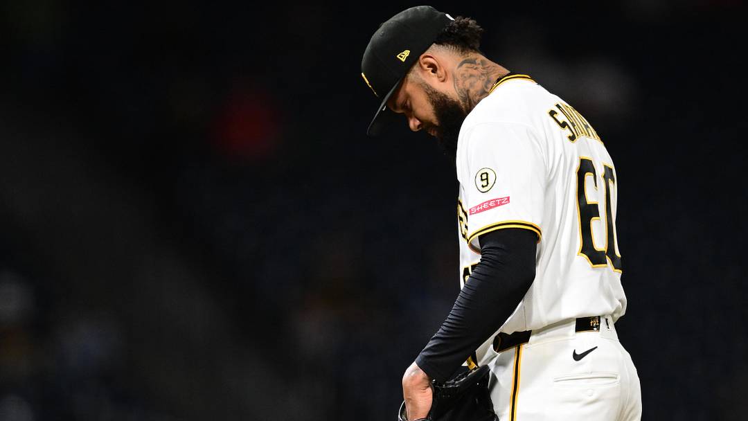 Apr 27, 2026; Pittsburgh, Pennsylvania, USA; Pittsburgh Pirates relief pitcher Dennis Santana (60) reacts before being removed from the game during the ninth inning against the St. Louis Cardinals at PNC Park. Mandatory Credit: David Dermer-Imagn Images
