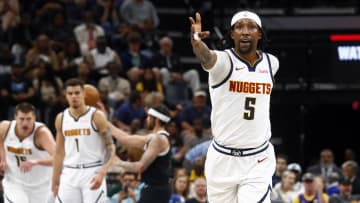 Apr 14, 2024; Memphis, Tennessee, USA; Denver Nuggets guard Kentavious Caldwell-Pope (5) reacts after a basket during the second half against the Memphis Grizzlies at FedExForum. Mandatory Credit: Petre Thomas-USA TODAY Sports