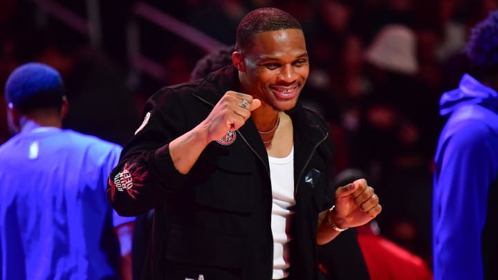 Apr 10, 2024; Los Angeles, California, USA; Los Angeles Clippers guard Russell Westbrook (0) dances during a stoppage in play in the second half at Crypto.com Arena. Mandatory Credit: Gary A. Vasquez-USA TODAY Sports