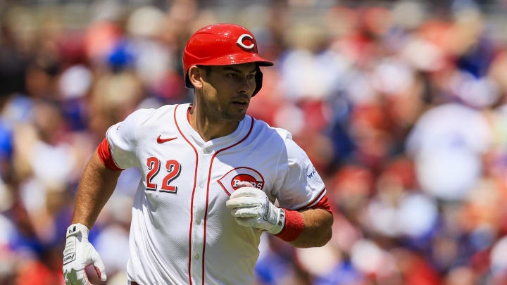 Jun 9, 2024; Cincinnati, Ohio, USA; Cincinnati Reds catcher Luke Maile (22) runs the bases after hitting a solo home run in the third inning against the Chicago Cubs at Great American Ball Park. Mandatory Credit: Katie Stratman-USA TODAY Sports