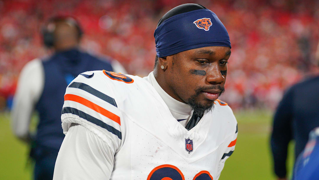 Aug 22, 2024; Kansas City, Missouri, USA; Chicago Bears safety Tarvarius Moore (30) on the sidelines against the Kansas City Chiefs during the game at GEHA Field at Arrowhead Stadium. Mandatory Credit: Denny Medley-Imagn Images