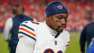 Aug 22, 2024; Kansas City, Missouri, USA; Chicago Bears safety Tarvarius Moore (30) on the sidelines against the Kansas City Chiefs during the game at GEHA Field at Arrowhead Stadium. Mandatory Credit: Denny Medley-Imagn Images
