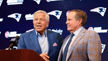 Jan 11, 2024; Foxborough, MA, USA; New England Patriots owner Robert Kraft (left) and Patriots