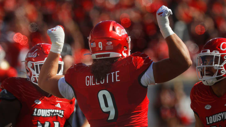 Louisville's Ashton Gillotte celebrates getting a sack against Boston College Saturday afternoon in L&N Stadium.