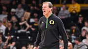 Feb 19, 2025; Iowa City, Iowa, USA; Oregon Ducks head coach Dana Altman reacts during the first half against the Iowa Hawkeyes at Carver-Hawkeye Arena. Mandatory Credit: Jeffrey Becker-Imagn Images