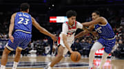 Nov 1, 2025; Washington, District of Columbia, USA; Washington Wizards guard Will Riley (27) drives to the basket as Orlando Magic forward Tristan da Silva (23) and Magic guard Jett Howard (13) defend in the second half at Capital One Arena. Mandatory Credit: Geoff Burke-Imagn Images
