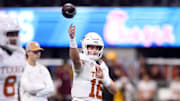Jan 1, 2025; Atlanta, GA, USA; Texas Longhorns quarterback Arch Manning (16) warms up before the Peach Bowl at Mercedes-Benz Stadium. Mandatory Credit: Brett Davis-Imagn Images