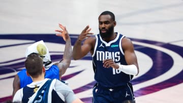 Jun 14, 2024; Dallas, Texas, USA; Dallas Mavericks forward Tim Hardaway Jr. (10) celebrates with teammates during the fourth quarter against the Boston Celtics during game four of the 2024 NBA Finals at American Airlines Center. Mandatory Credit: Kevin Jairaj-USA TODAY Sports