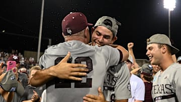 Jun 9, 2024; College Station, TX, USA; Texas A&M celebrates after sweeping Oregon in the Bryan-College Station Super Regional series at Olsen Field, Blue Bell Park Mandatory Credit: Maria Lysaker-USA TODAY Sports