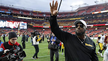 Nov 10, 2024; Landover, Maryland, USA; Pittsburgh Steelers head coach Mike Tomlin celebrates while leaving the field after the Steelers' game against the Washington Commanders at Northwest Stadium. Mandatory Credit: Geoff Burke-Imagn Images