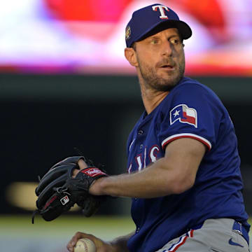 Jul 9, 2024; Anaheim, California, USA;  Texas Rangers starting pitcher Max Scherzer (31) delivers to the plate in the third inning against the Los Angeles Angels at Angel Stadium. 