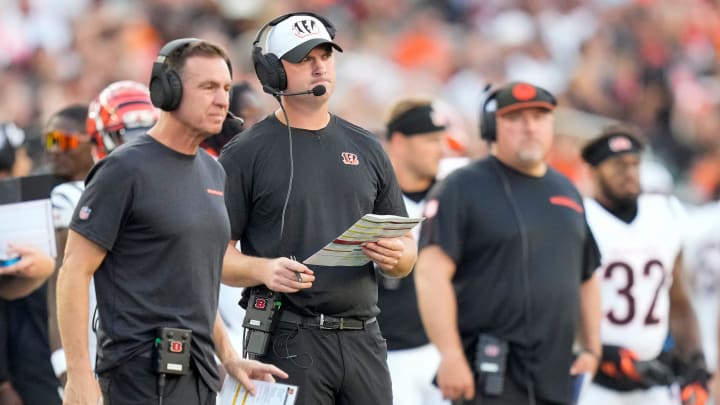 Cincinnati Bengals head coach Zac Taylor looks on from the sideline in the first quarter of the NFL Preseason Week 1 game between the Cincinnati Bengals and the Tampa Bay Buccaneers at Paycor Stadium in downtown Cincinnati on Saturday, Aug. 10, 2024.