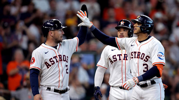 Sep 7, 2024; Houston, Texas, USA; Houston Astros shortstop Jeremy Peña (3) is congratulated by Houston Astros third baseman Alex Bregman (2) after hitting a three-run home run against the Arizona Diamondbacks during the sixth inning at Minute Maid Park. Mandatory Credit: Erik Williams-Imagn Images
