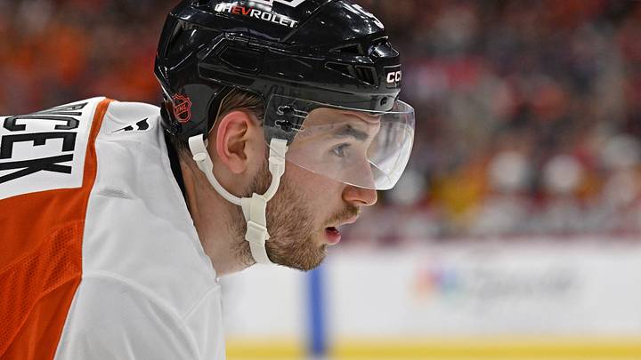 Apr 14, 2026; Philadelphia, Pennsylvania, USA; Philadelphia Flyers defenseman David Jiricek (5) against the Montreal Canadiens at Xfinity Mobile Arena. 