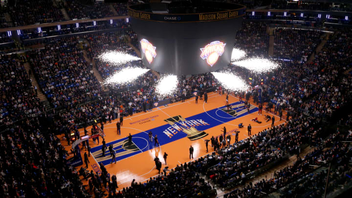 Nov 24, 2023; New York, New York, USA; General view of pyrotechnics as the New York Knicks are introduced before a game against the Miami Heat at Madison Square Garden. Mandatory Credit: Brad Penner-USA TODAY Sports