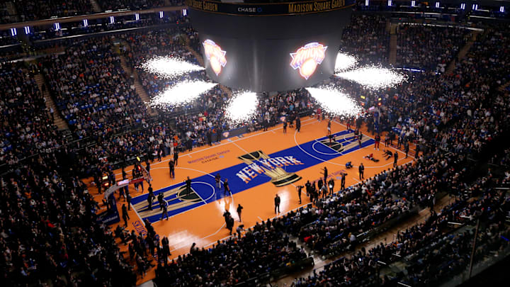 Nov 24, 2023; New York, New York, USA; General view of pyrotechnics as the New York Knicks are introduced before a game against the Miami Heat at Madison Square Garden. Mandatory Credit: Brad Penner-Imagn Images