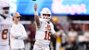 Jan 1, 2025; Atlanta, GA, USA; Texas Longhorns quarterback Arch Manning (16) warms up before the Peach Bowl at Mercedes-Benz Stadium. Mandatory Credit: Brett Davis-Imagn Images