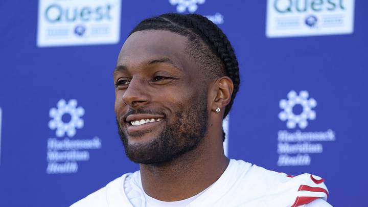 Jun 9, 2026; East Rutherford, NJ, USA; New York Giants linebacker Kayvon Thibodeaux (5) answers questions from the press after the minicamp activities at Quest Diagnostics Center. Mandatory Credit: Thomas Salus-Imagn Images