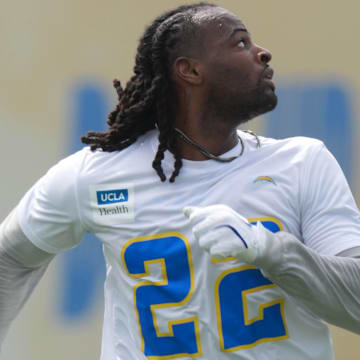 May 12, 2025; El Segundo, CA, USA; Los Angeles Chargers running back Najee Harris (22) during offseason workouts at The Bolt. Mandatory Credit: Kirby Lee-Imagn Images
