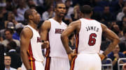 February 3, 2011; Orlando FL, USA; Miami Heat small forward LeBron James (6), shooting guard Dwyane Wade (3) and power forward Chris Bosh (1) huddle up during the second half against the Orlando Magic at Amway Center.Miami Heat defeated Orlando Magic 104-100. Mandatory Credit: Kim Klement-USA TODAY Sports