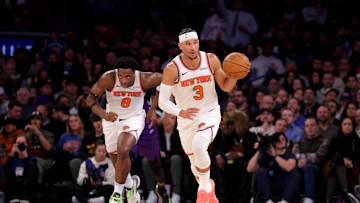 Jan 8, 2025; New York, New York, USA; New York Knicks guard Josh Hart (3) brings the ball up court against the Toronto Raptors with forward OG Anunoby (8) during the third quarter at Madison Square Garden. Mandatory Credit: Brad Penner-Imagn Images
