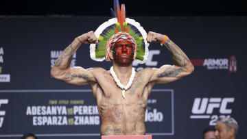 Nov 11, 2022; New York, NY, USA; Alex Pereira gestures during weigh-ins for UFC 281. Mandatory
