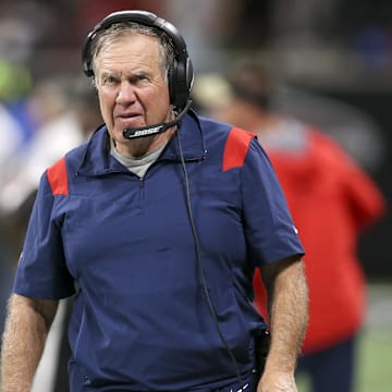 Nov 18, 2021; Atlanta, Georgia, USA; New England Patriots head coach Bill Belichick on the sideline against the Atlanta Falcons in the second half at Mercedes-Benz Stadium.